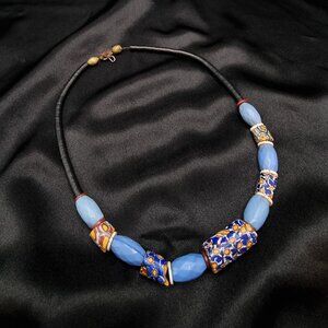 Antique Venetian Millefiori African Trade Bead Necklace With Blue & Patterned